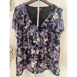 Elle Flutter Sleeve Black Floral‎ Blouse 3XL